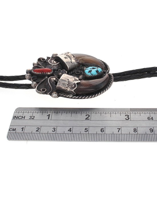 Navajo Fannie Platero Sterling Silver Turquoise Coral & Claws Bolo Tie